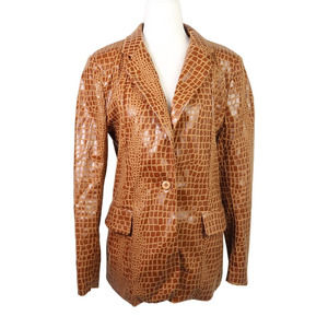 Vintage 90s Selene cognac brown faux leather giraffe print blazer jacket M